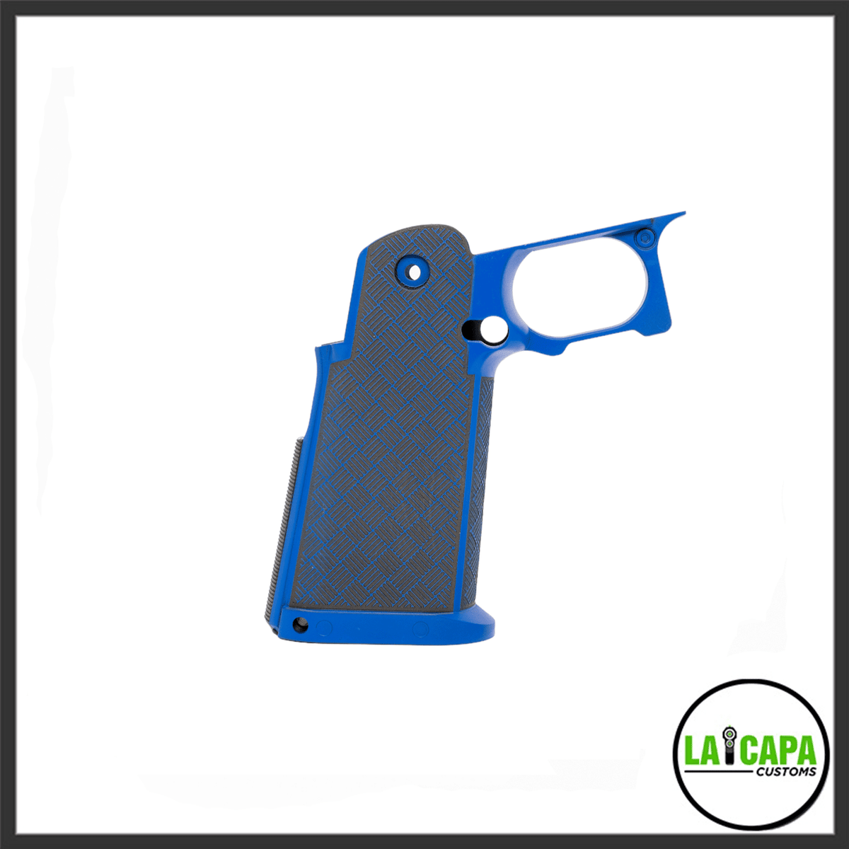 LA Capa Customs Hi Capa grip in blue with a black basket-pattern stippled texture panel, shown from the left side.