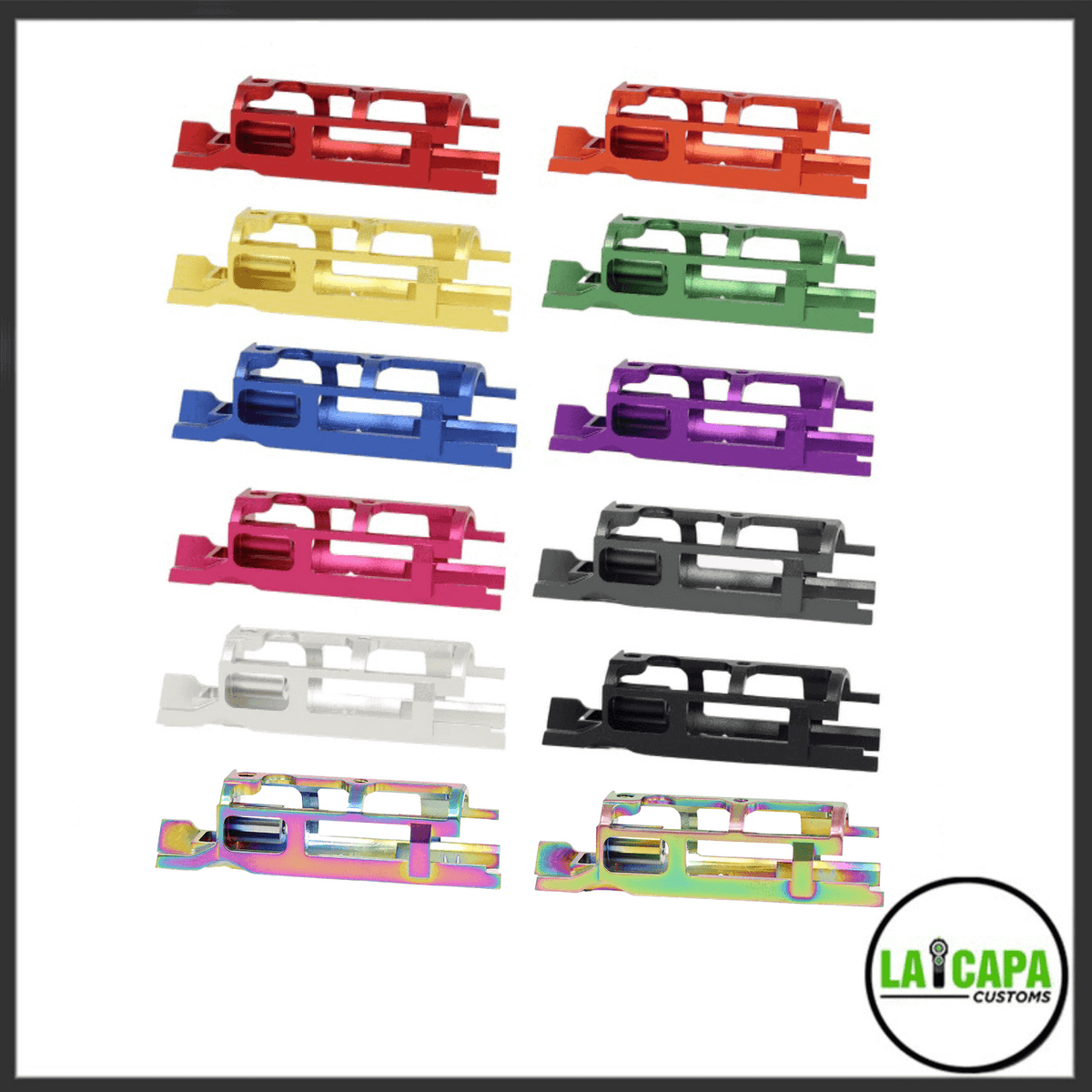 LA Capa Customs bolt-back units displayed in all available colours, including red, orange, yellow, green, blue, purple, pink, grey, white, black, and rainbow.