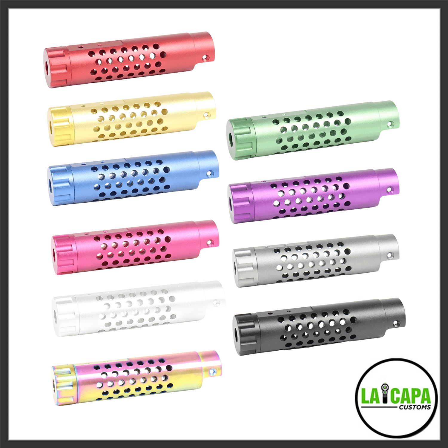 LA Capa Customs compensators shown in eleven color options including red, gold, green, blue, purple, pink, silver, white, black, and rainbow anodized finishes.