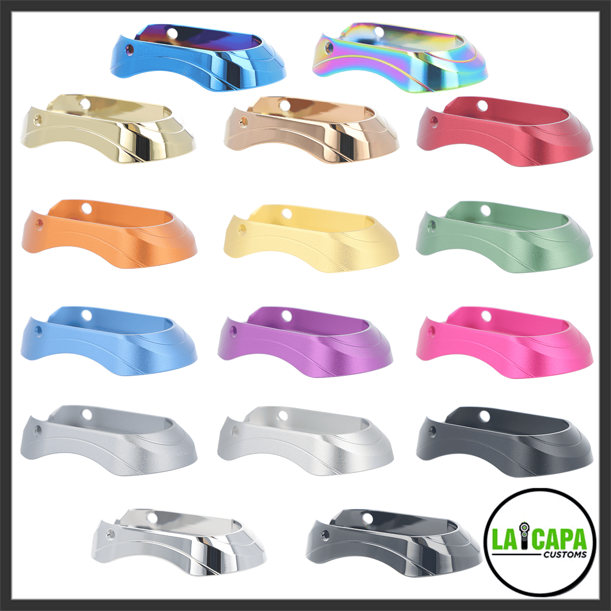 LA Capa Customs Defender magwell for Hi-Capa displayed in all available finishes, including chrome blue, rainbow, gold, rose gold, red, orange, yellow, sage, blue, purple, pink, silver, polished silver, gunmetal, chrome silver and dark grey.