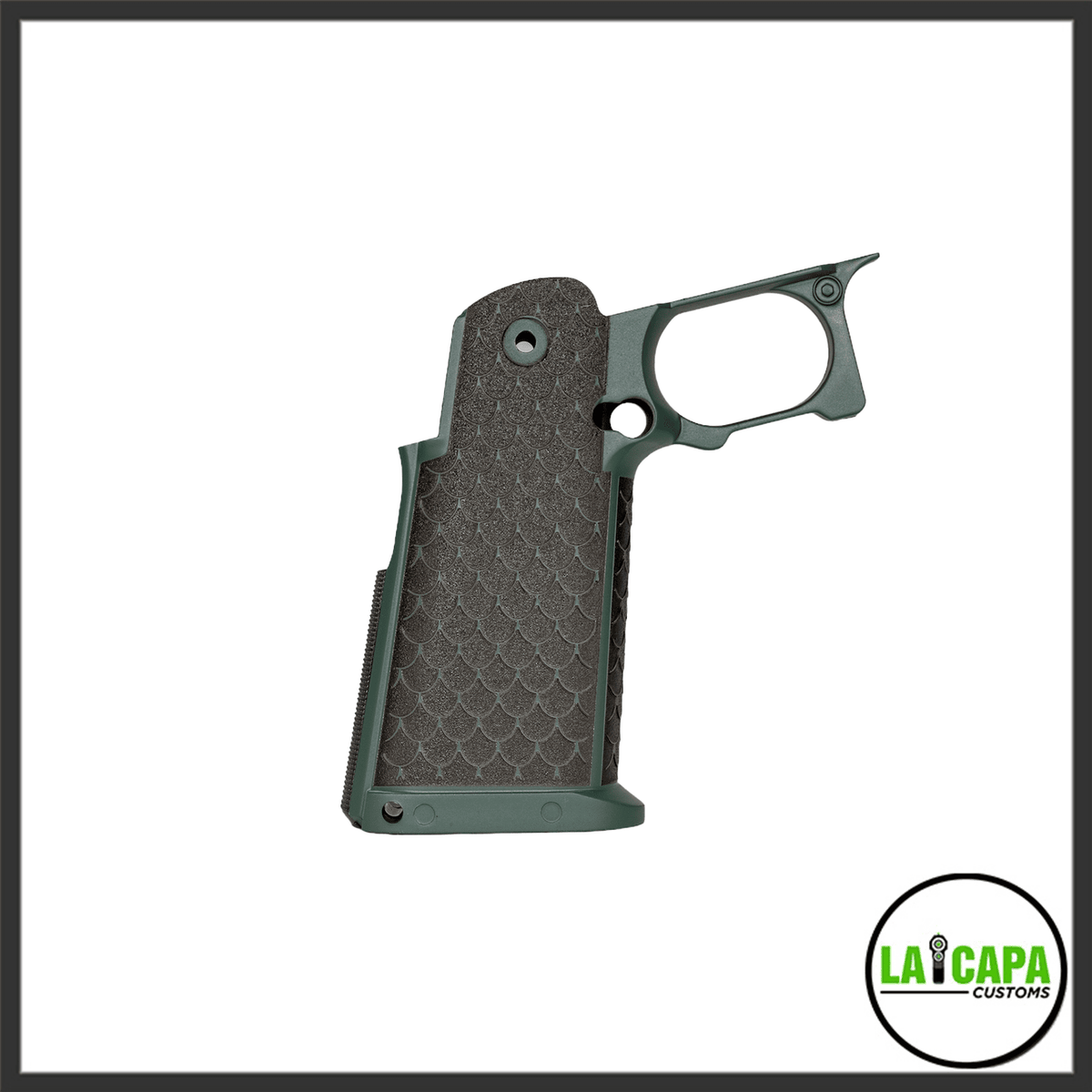 CY Capa Customs Hi-CAPA pistol grip in sage green with black dragon scale stipple pattern, shown from the left side.