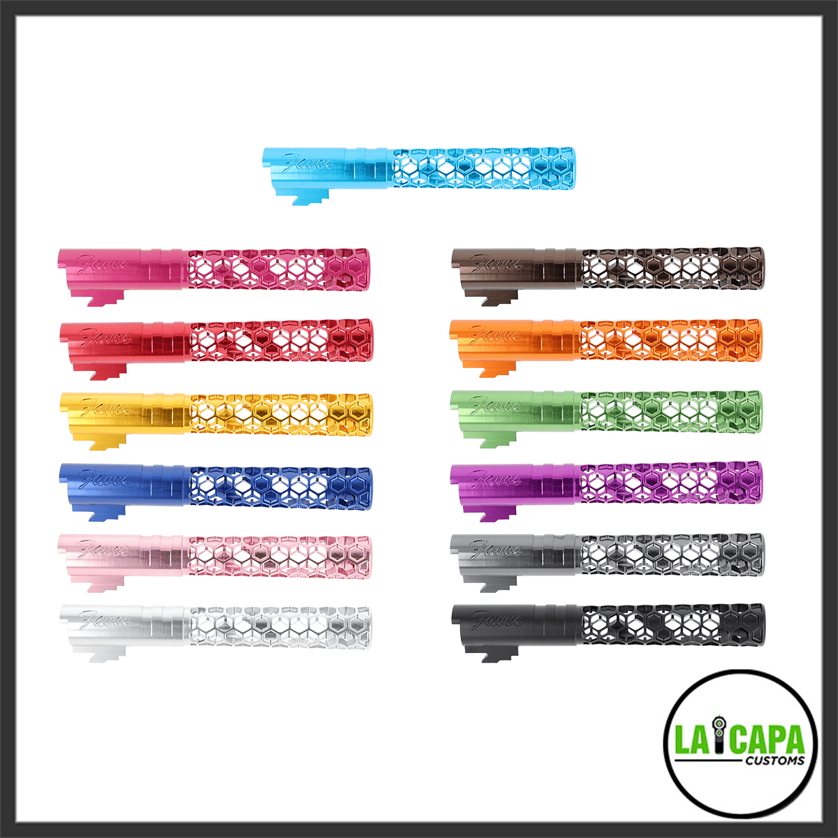 LA Capa Customs Favos Hi-Capa outer barrels shown in all available colours including cyan, pink, red, brown, yellow, orange, blue, green, light pink, purple, silver, grey and black.