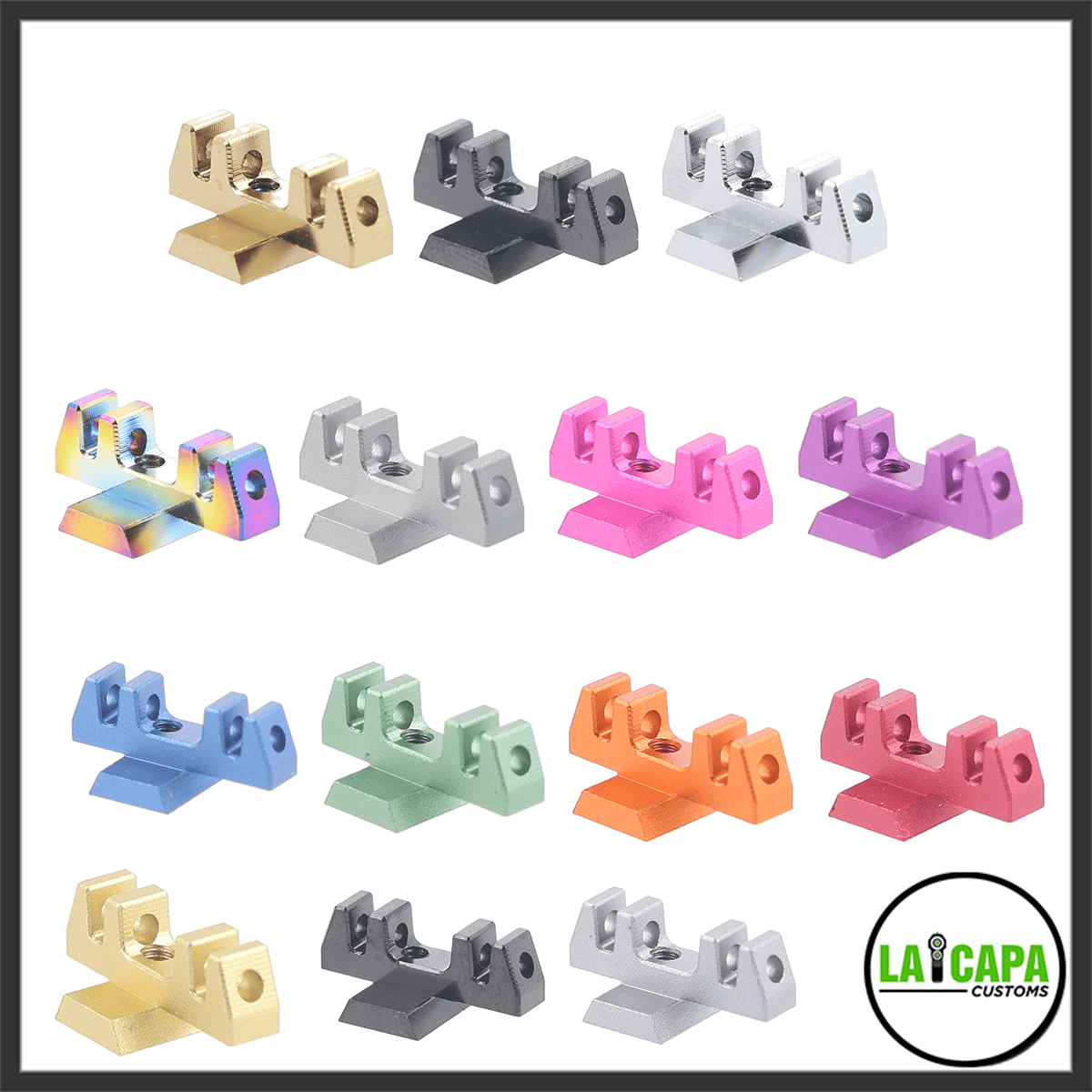 LA Capa Customs front sights shown in all available colour variants, including gold, black, silver, rainbow, grey, pink, purple, blue, green, orange, red, and tan.