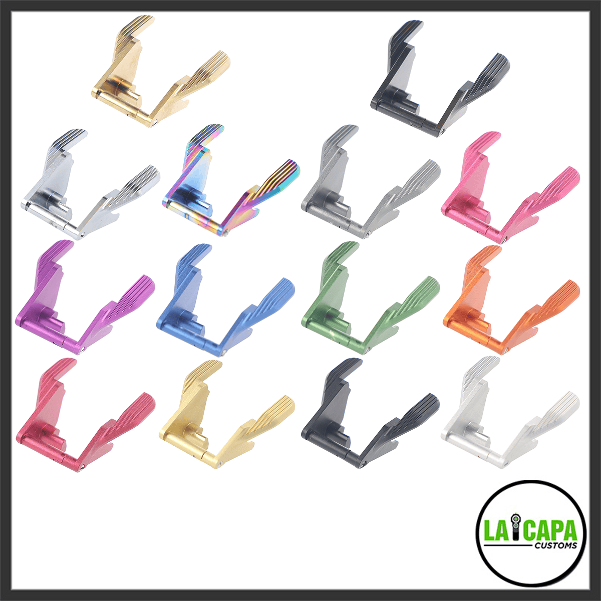 LA Capa Customs Hi Capa ambi safeties displayed in all available anodized colors including gold, black, silver, rainbow, grey, pink, purple, blue, green, orange, red, tan and white.