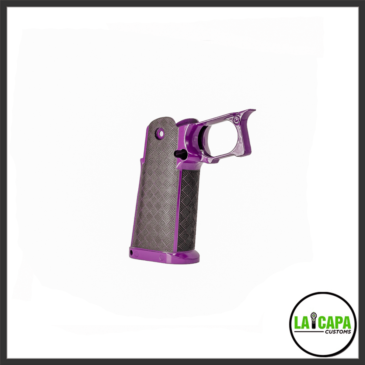 LA Capa Customs Hi-Capa pistol grip in purple with a dark grey basket-weave stipple pattern, angled side view.