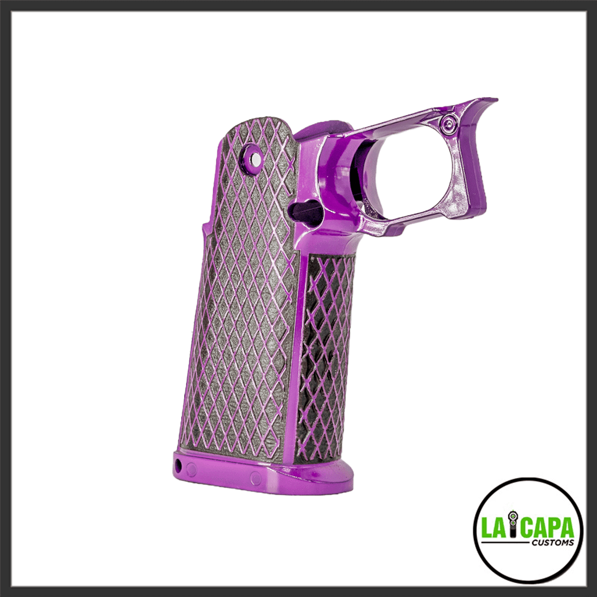 LA Capa Customs Hi-Capa pistol grip in purple with a raised diamond stipple pattern across the front and side panels.