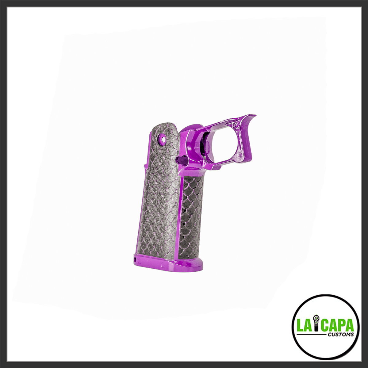 LA Capa Customs Hi-Capa pistol grip in purple with a dark grey dragon scale stipple pattern, angled side view.