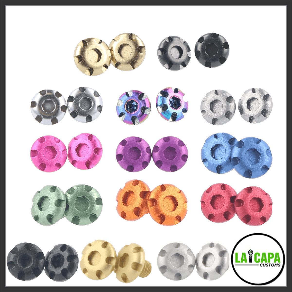 LA Capa Customs grip screws shown in all available colours including gold, gunmetal, chrome, rainbow, silver, pink, purple, blue, green, orange, red and black.