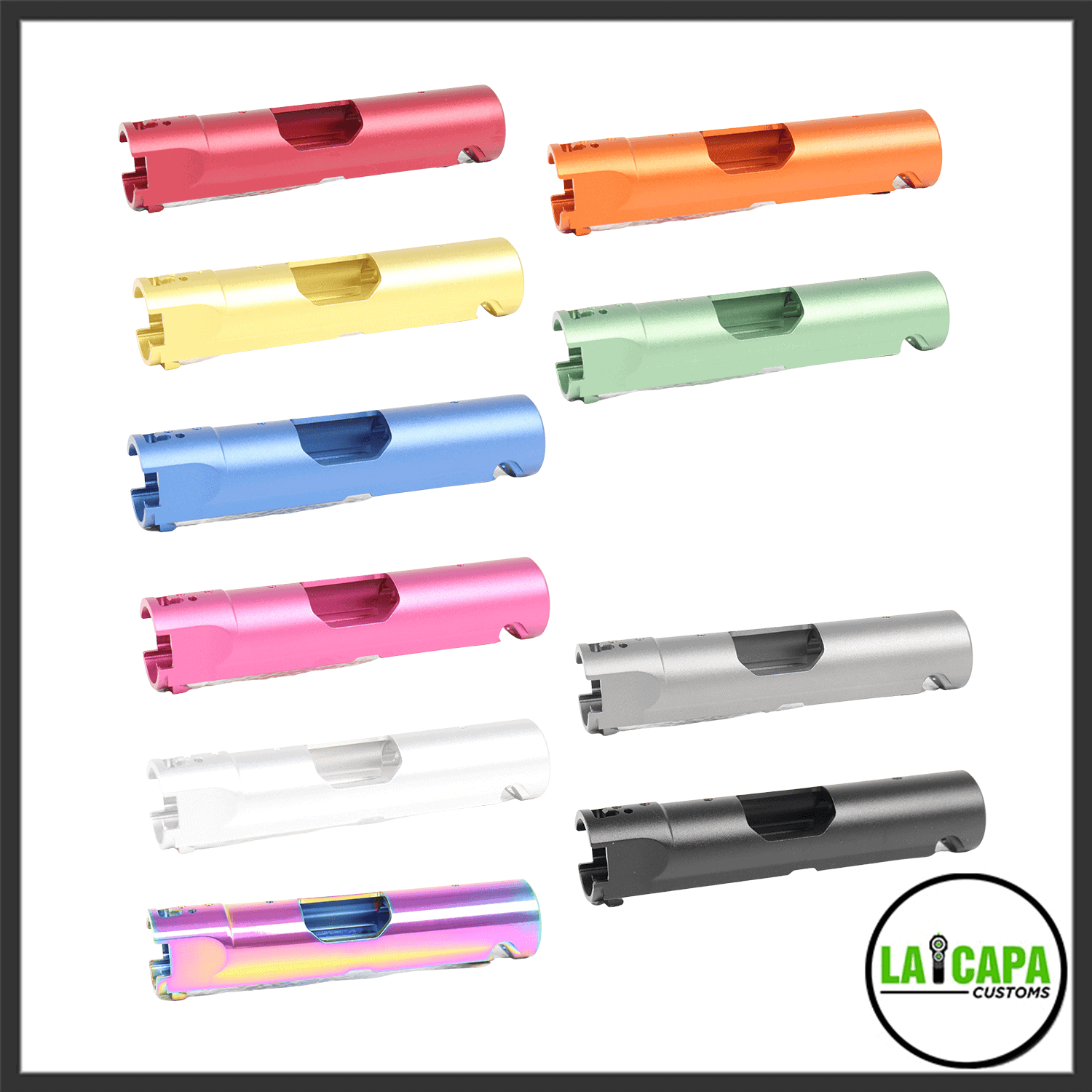LA Capa Customs Hi-Capa outer barrels shown in all available colours, including red, orange, yellow, mint, blue, pink, silver, white, black, and rainbow.