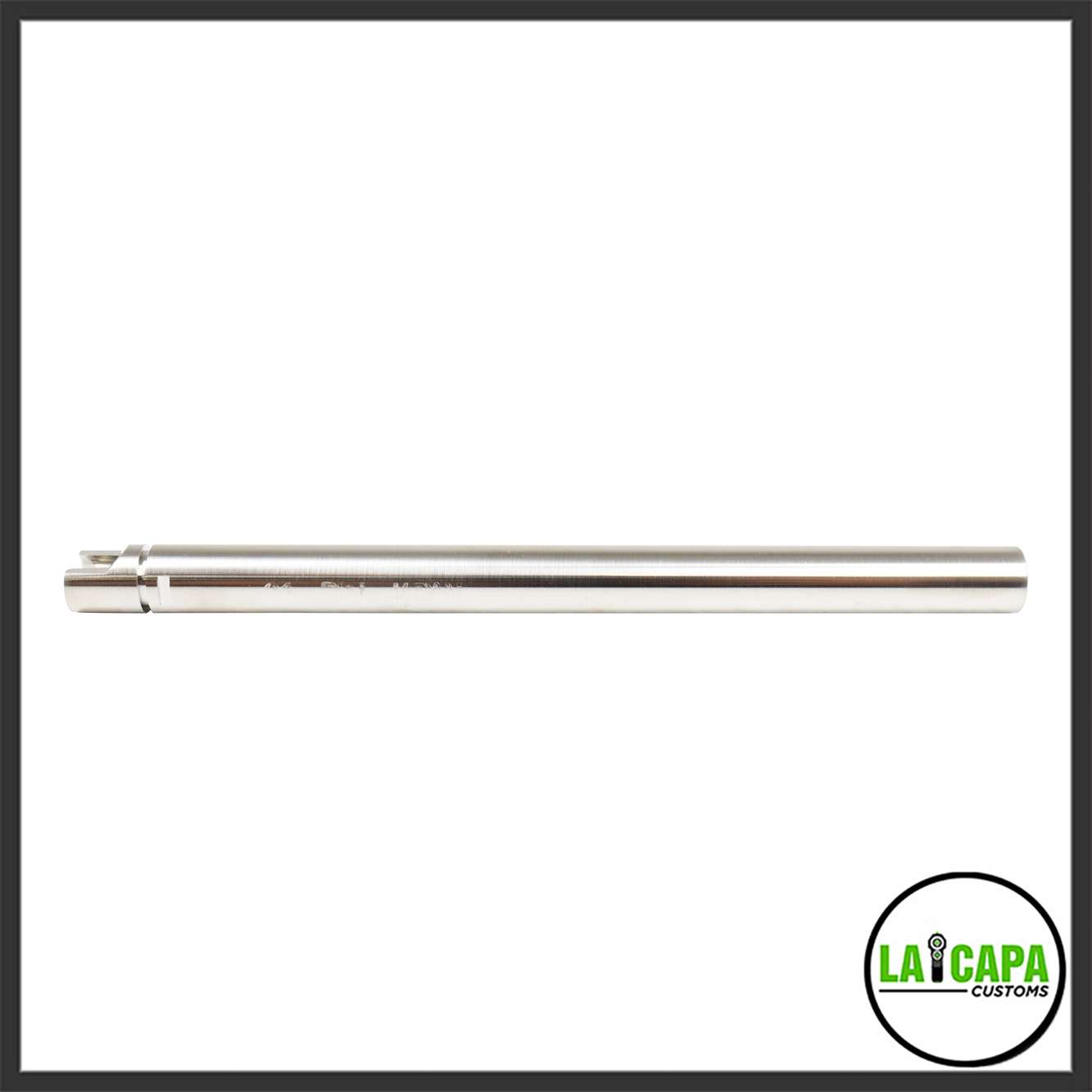 La Capa Customs polished stainless steel inner barrel, side view showing the notched hop-up window end.