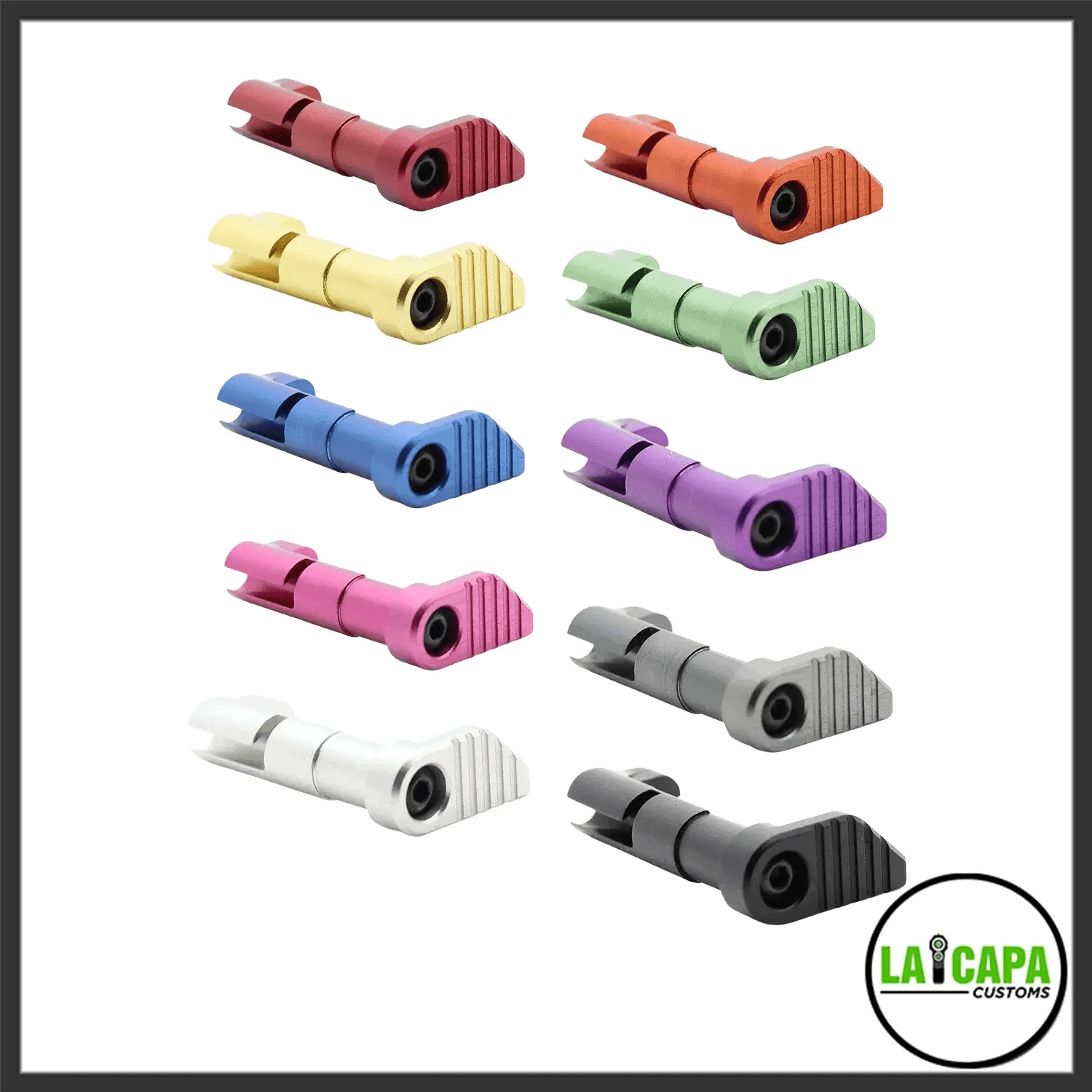 LA Capa Customs Magazine Catch shown in all ten available colours: red, orange, yellow, green, blue, purple, pink, grey, white and black.