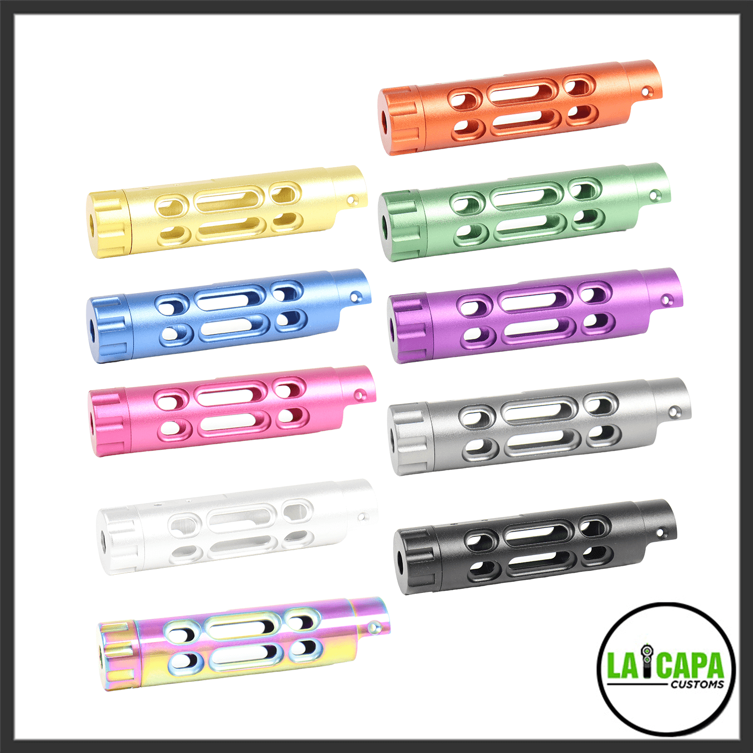LA Capa Customs airsoft outer barrels displayed in all available colours, including orange, gold, green, blue, purple, pink, silver, white, black, and rainbow.