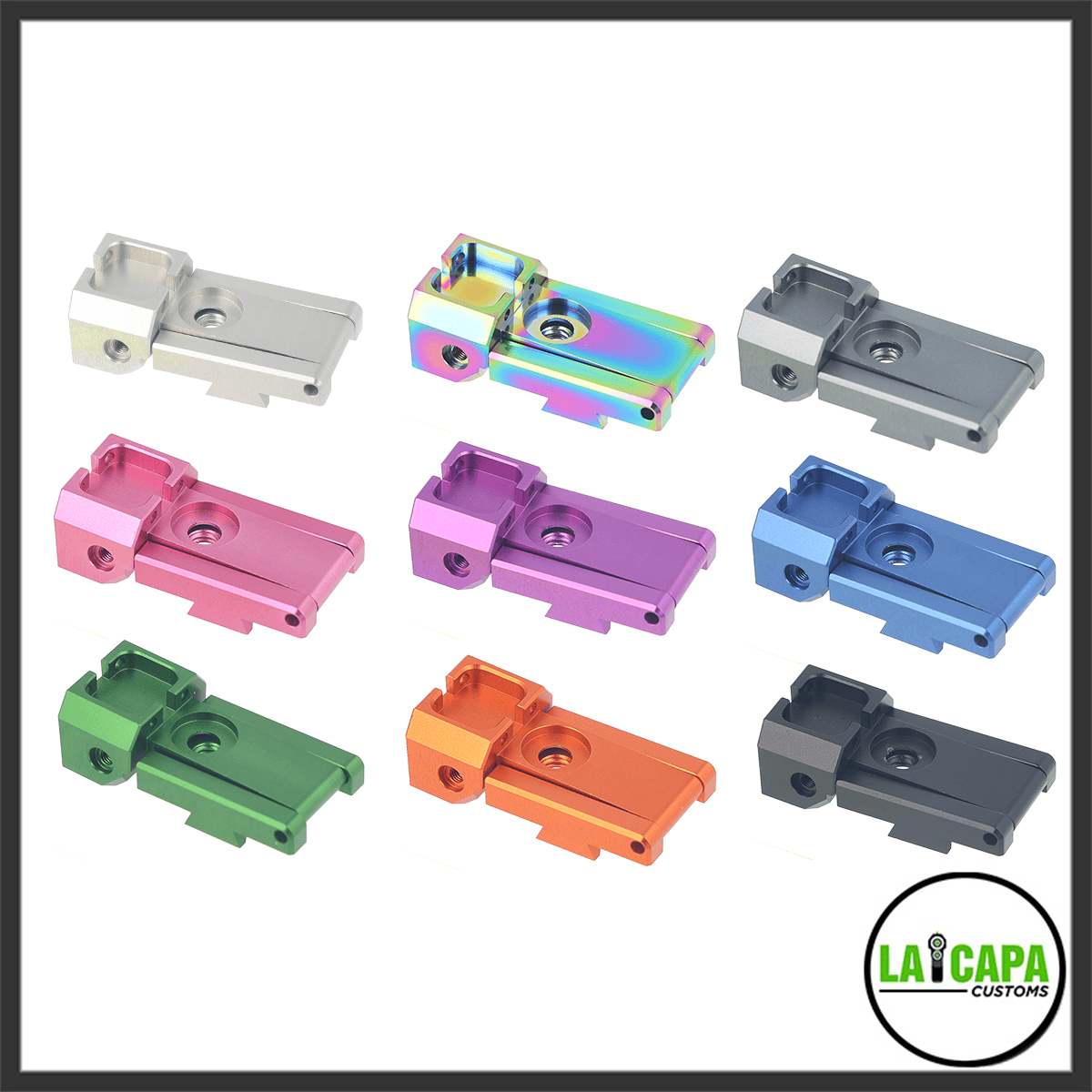 LA Capa Customs adjustable rear sight shown in nine color variants including silver, rainbow, gunmetal, pink, purple, blue, green, orange, and black.
