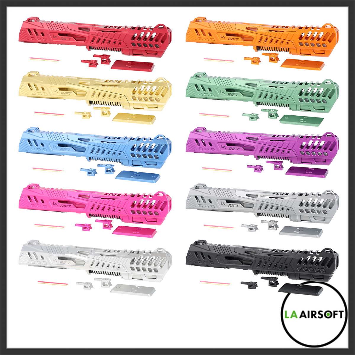 LA Capa Customs RIFT 5.1 split slide set shown in ten color variants including red, orange, gold, green, blue, purple, pink, silver, white, and black, each displayed with its matching hardware components.