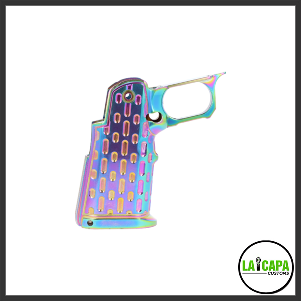 LA Capa Customs S1 Standard Aluminum Hi Capa grip in rainbow anodized finish, showing the slotted texture pattern from a right-side angle.