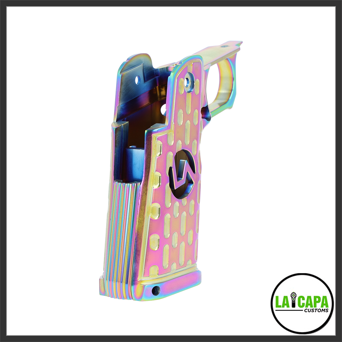LA Capa Customs S2 LA Cutout aluminum Hi Capa grip in rainbow finish, rear and left side view showing the magwell opening, grip serrations, and oval cutout texture.