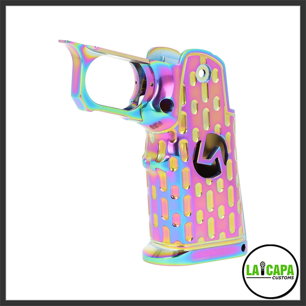 LA Capa Customs S2 LA Cutout aluminum Hi Capa grip in rainbow finish, showing the oval cutout pattern and LA logo on the right side.