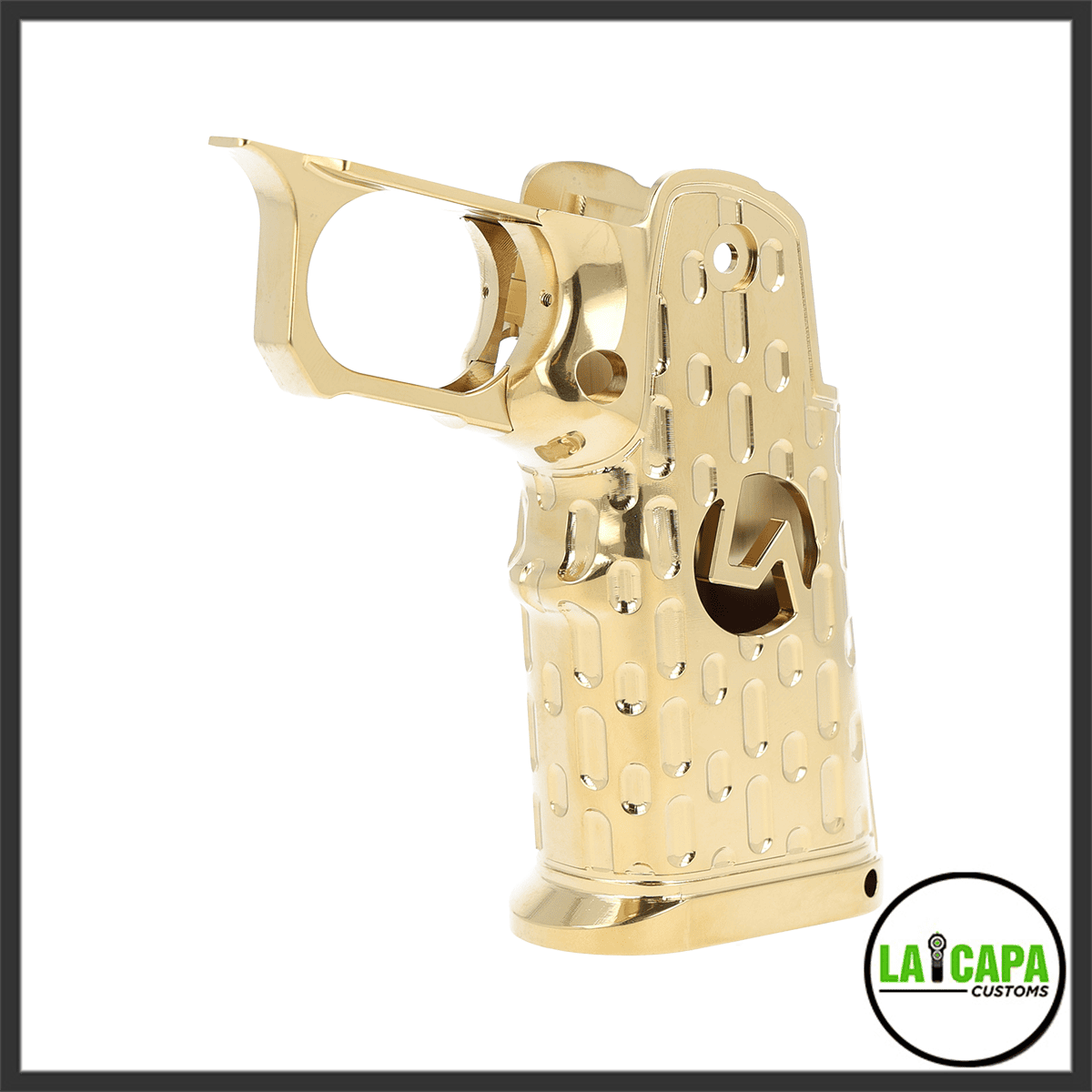 LA Capa Customs S2 LA Cutout aluminum Hi-Capa grip in gold chrome finish, showing the cutout pattern and LA logo, angled front view.