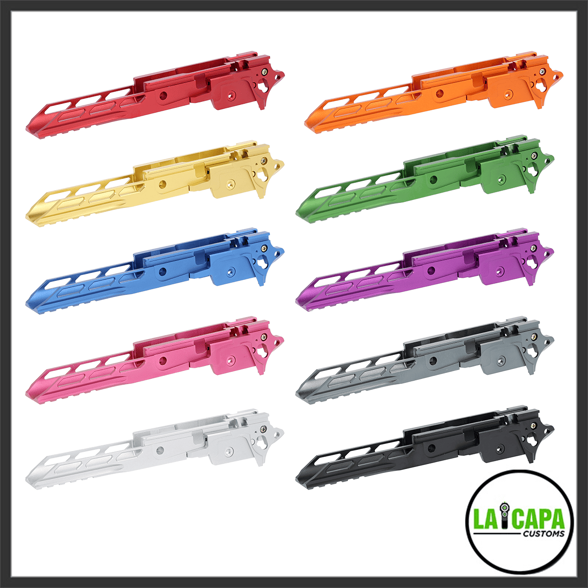 LA Capa Customs V3 Competition aluminum Hi Capa frames shown side by side in ten anodized colors including red, orange, gold, green, blue, purple, pink, grey, silver and black.