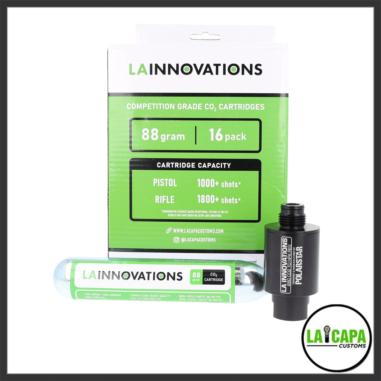 LA Innovations 88g CO2 cartridge bundle showing a 16-pack retail box, a single 88g cartridge, and a Polarstar-manufactured CO2 to HPA regulator adapter.