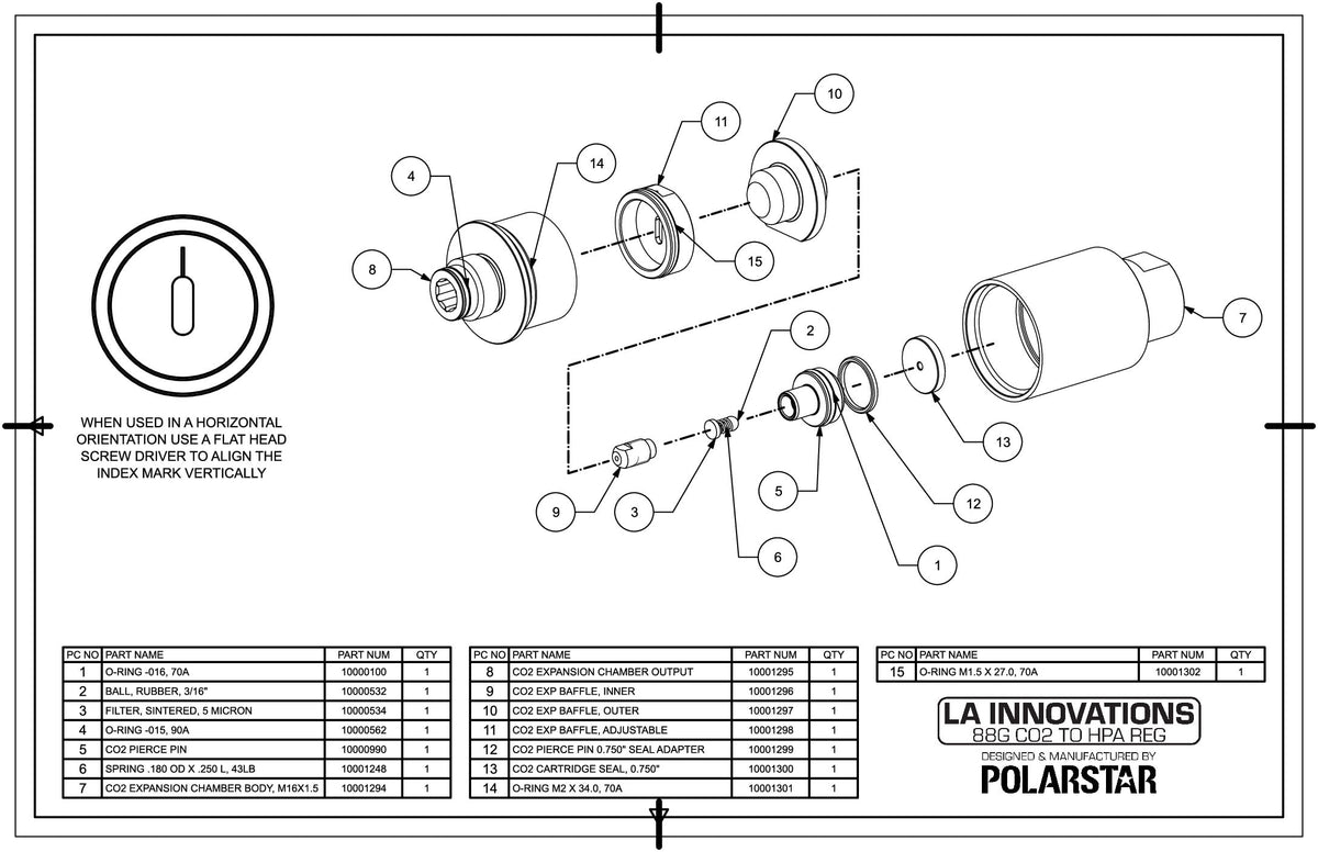 Exploded parts diagram for the LA Innovations 88g CO2 to HPA regulator, showing all 15 numbered components with a parts list and horizontal-orientation alignment note.