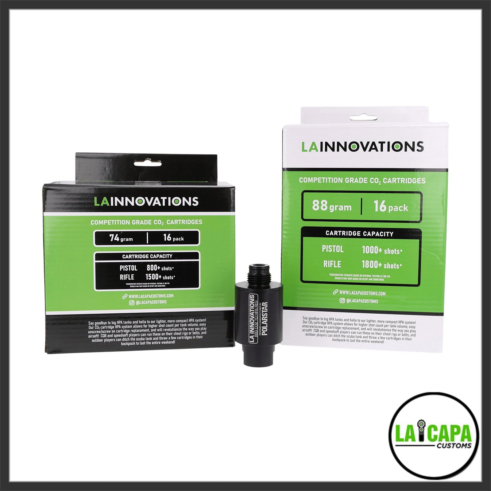 LA Innovations CO2 cartridge bundle showing the Polarstar HPA adapter flanked by a 74-gram 16-pack and an 88-gram 16-pack of competition grade CO2 cartridges in their retail packaging.