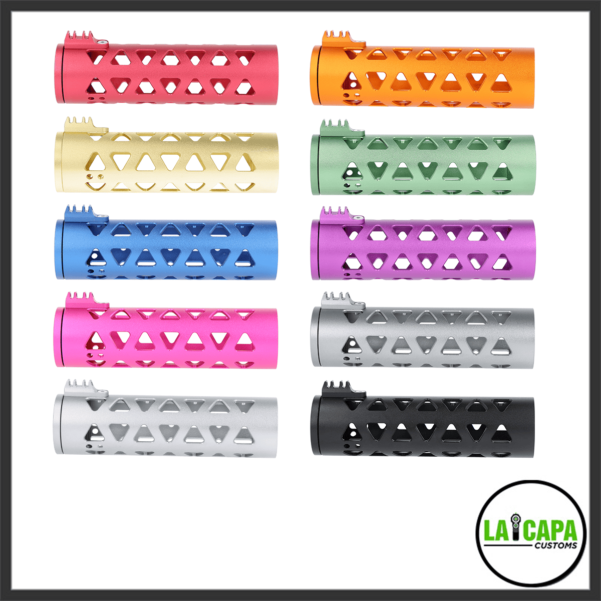 LA Capa Customs Prism 155mm aluminum handguard set shown in ten anodized colors including red, orange, gold, green, blue, pink, purple, silver, and black.