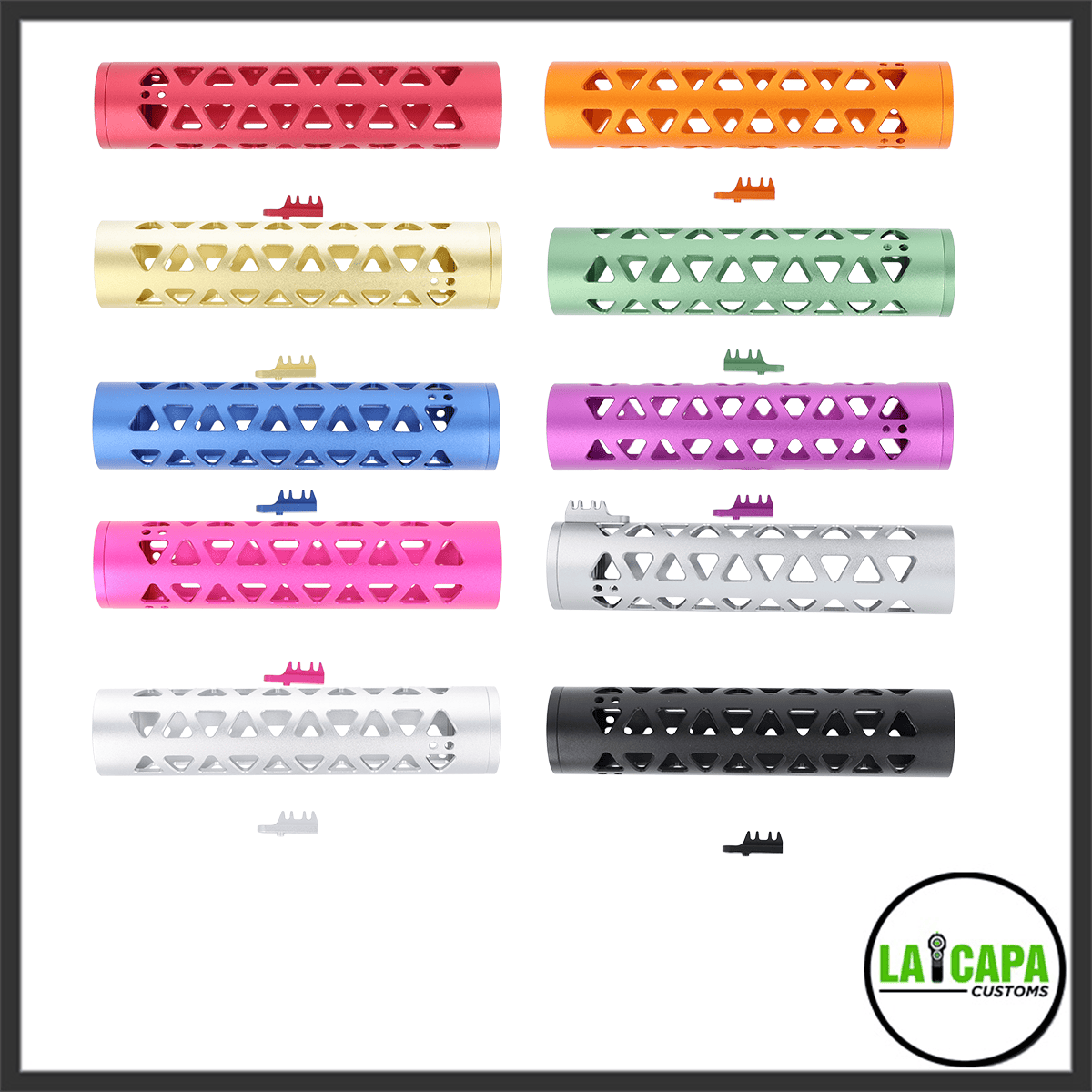 LA Innovations Prism 185mm aluminium handguard sets displayed in eight colours, each shown with its matching barrel nut, including red, gold, blue, hot pink, white, orange, green, purple, silver, and black.