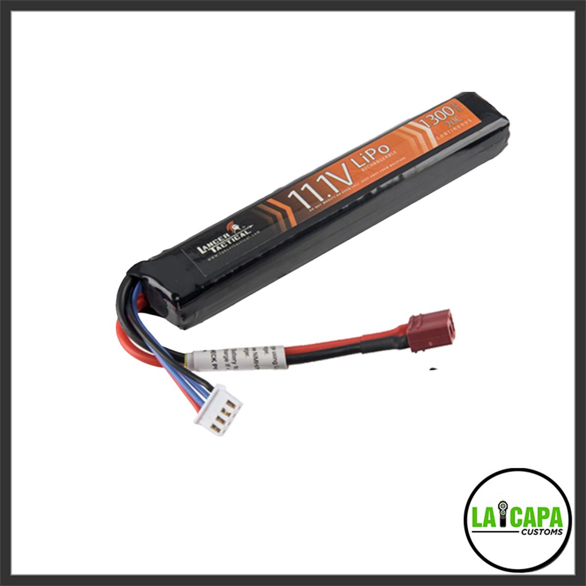 Lancer Tactical 11.1V 1300mAh 20C stick LiPo battery with Deans connector and balance lead, shown on a white background.
