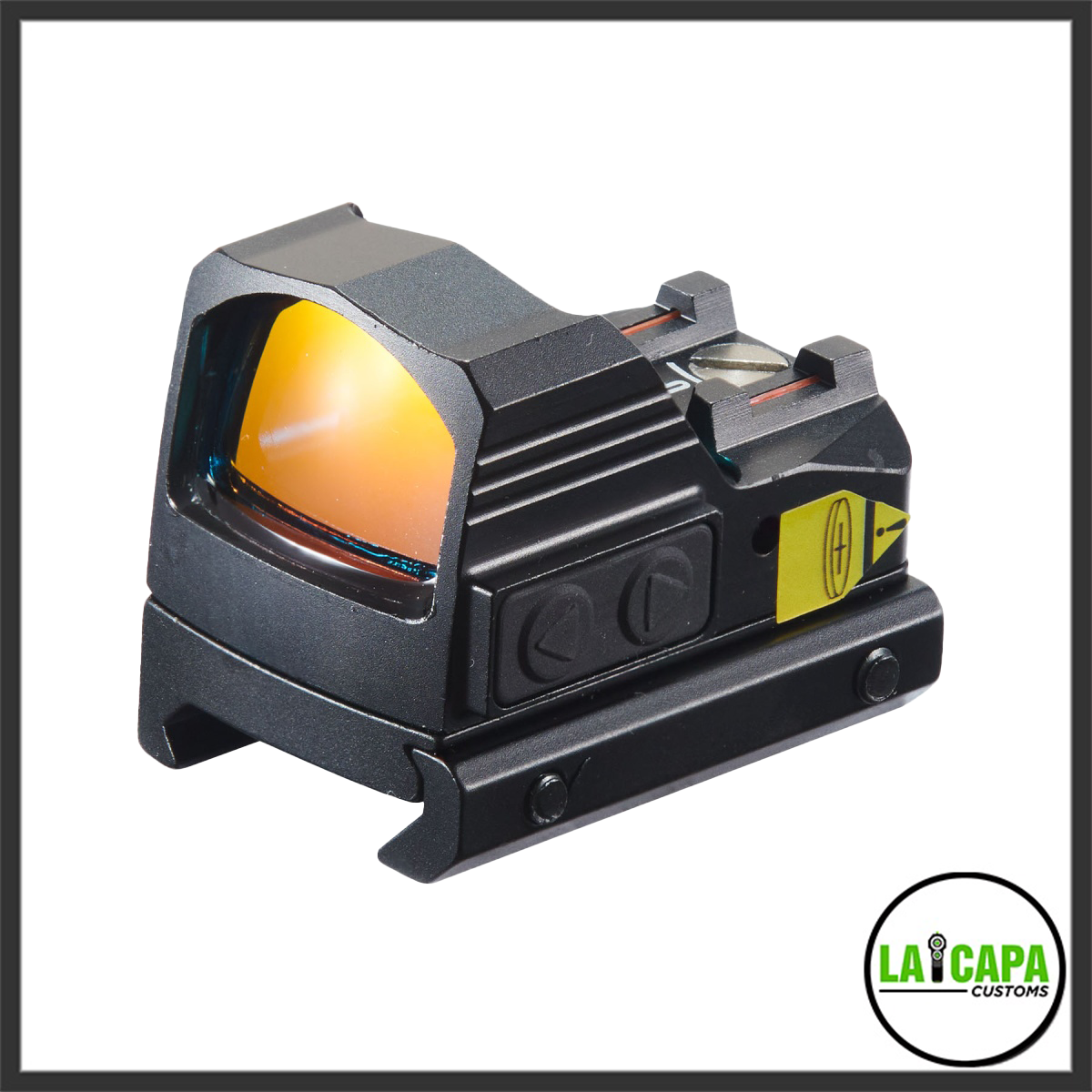 Lancer Tactical mini red dot sight with amber-coated lens and Picatinny rail mount, shown from a three-quarter front angle.