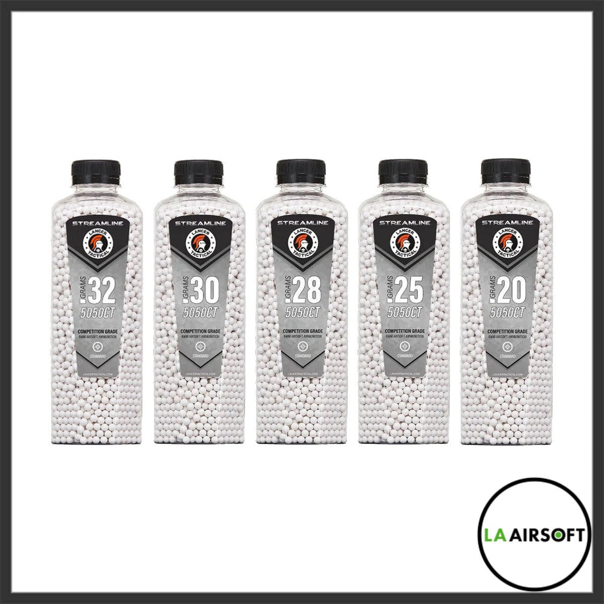Five Lancer Tactical Streamline 5050-count BB bottles side by side showing weight variants 0.32g, 0.30g, 0.28g, 0.25g and 0.20g.