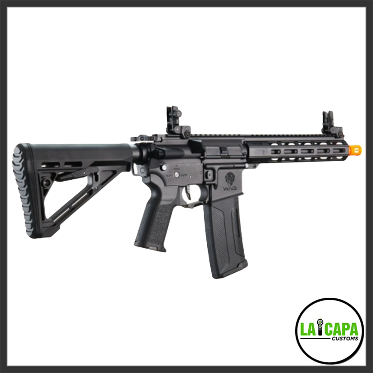 Lancer Tactical WAG Edition W10 Widowmaker Gen 4 AEG in black with M-LOK rail, flip-up sights and orange muzzle tip, shown in left-side profile.