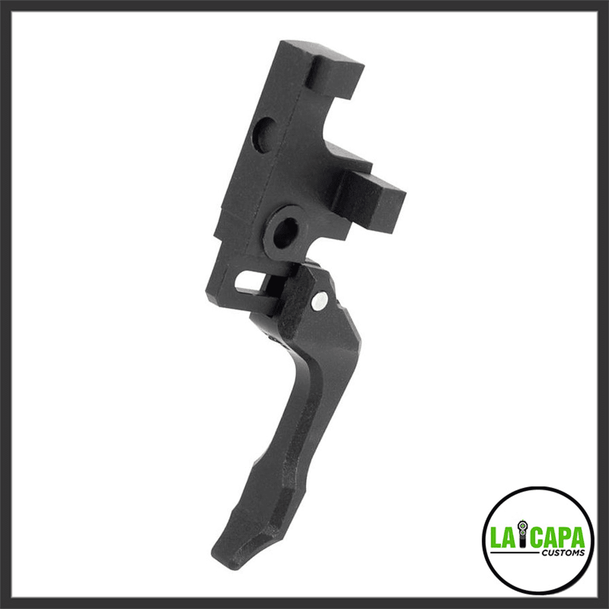 Laylax VSR series adjustable straight trigger assembly isolated on white, showing the trigger blade and sear block from a side angle.