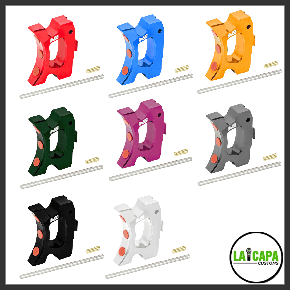 NexxSpeed aluminum Hi-CAPA speed trigger Style B shown in eight colour variants: red, blue, orange, green, purple, grey, black and white, each with included pins.
