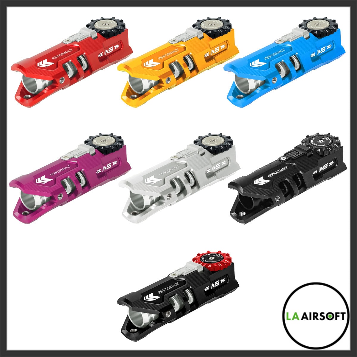Nexxspeed CNC aluminum hop-up chamber shown in seven anodized color variants including red, gold, blue, purple, silver, and black.