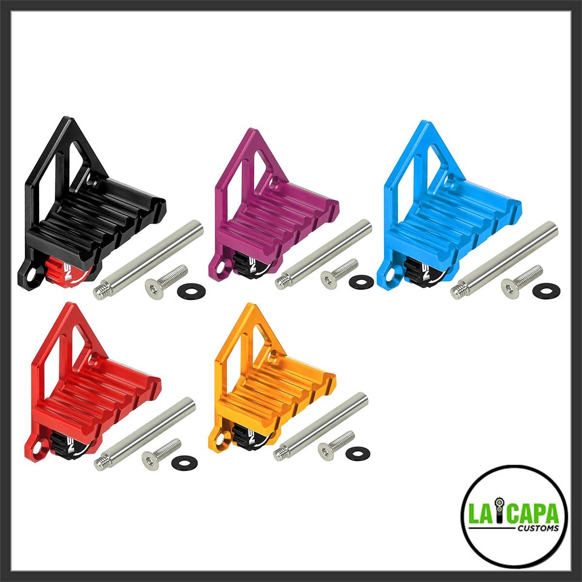 Nexxspeed CNC aluminum left-side thumb rest for the AAP-01 shown in five colours, black, purple, blue, red and gold, each with its mounting pin, screws and washer.