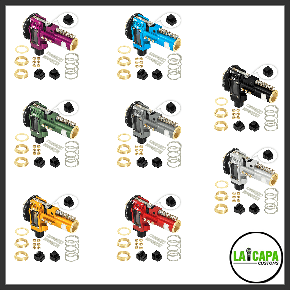 NexxSpeed CNC hop-up chamber for M4 AEG shown in eight colour variants including purple, blue, green, grey, black, silver, gold and red, each displayed with included springs, bucking and brass fittings.