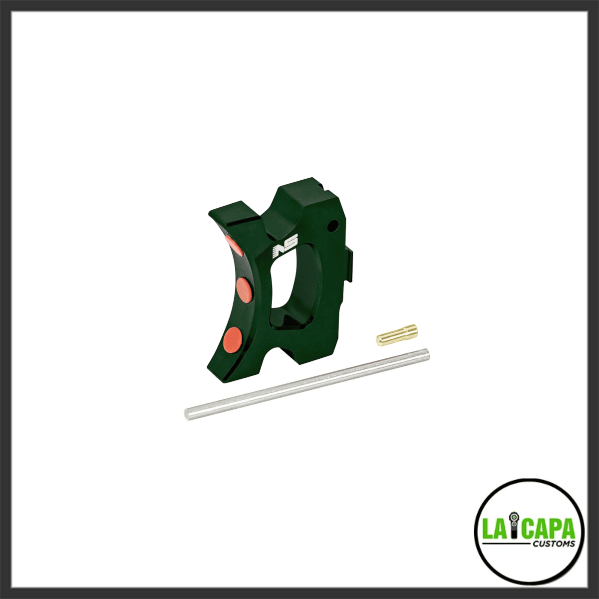 NexxSpeed CNC aluminum Style B speed trigger in green with orange accents, shown with the included pivot pin and spring.
