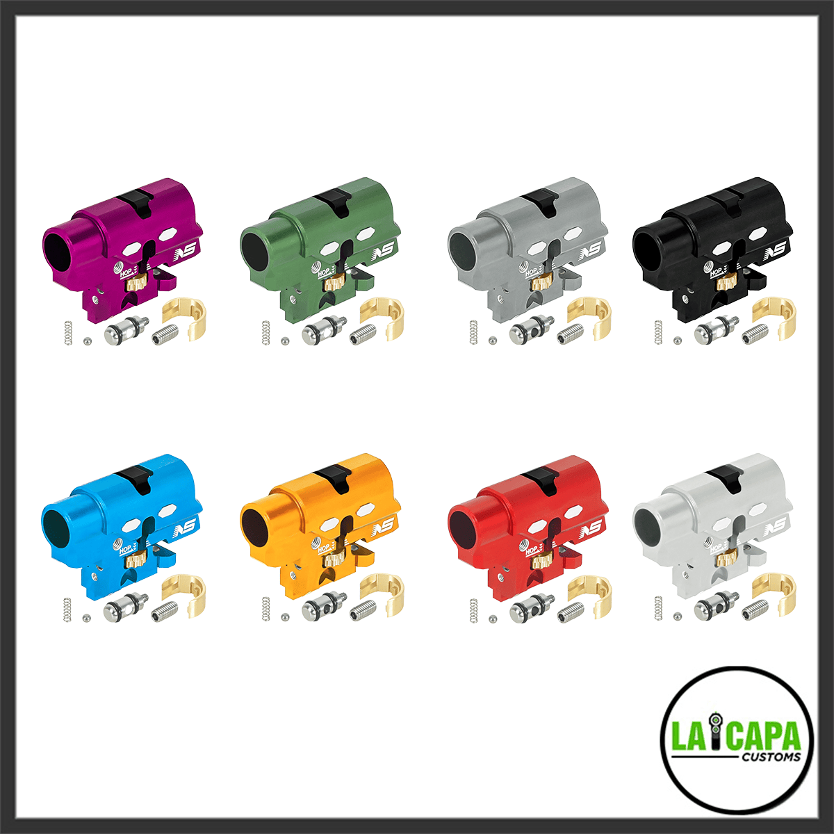 Eight Nexxspeed NS hop-up units displayed in a grid showing all available colours: purple, green, grey, black, blue, orange, red, and silver, each with included hardware.