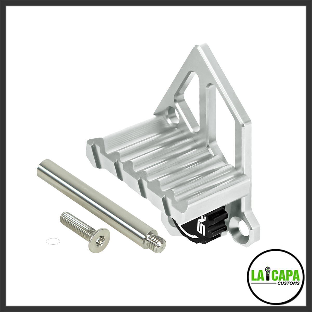 NexxSpeed silver aluminum thumb rest for the AAP-01, shown with the included mounting pin and hex screw laid beside it.