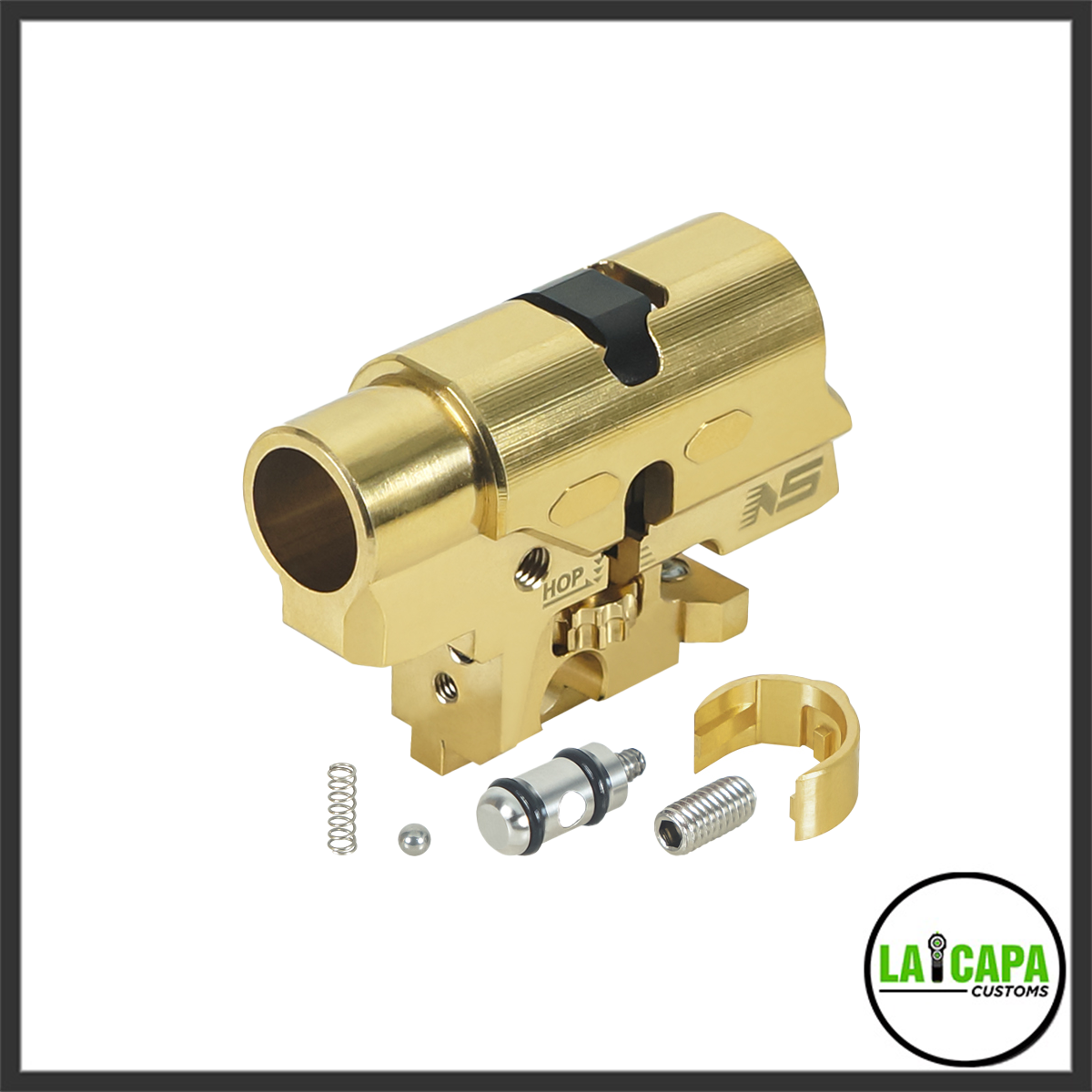 NexxSpeed V2 brass hop-up unit in gold finish shown with included spring, ball bearing, nozzle, screw, and retention clip laid out beside it.
