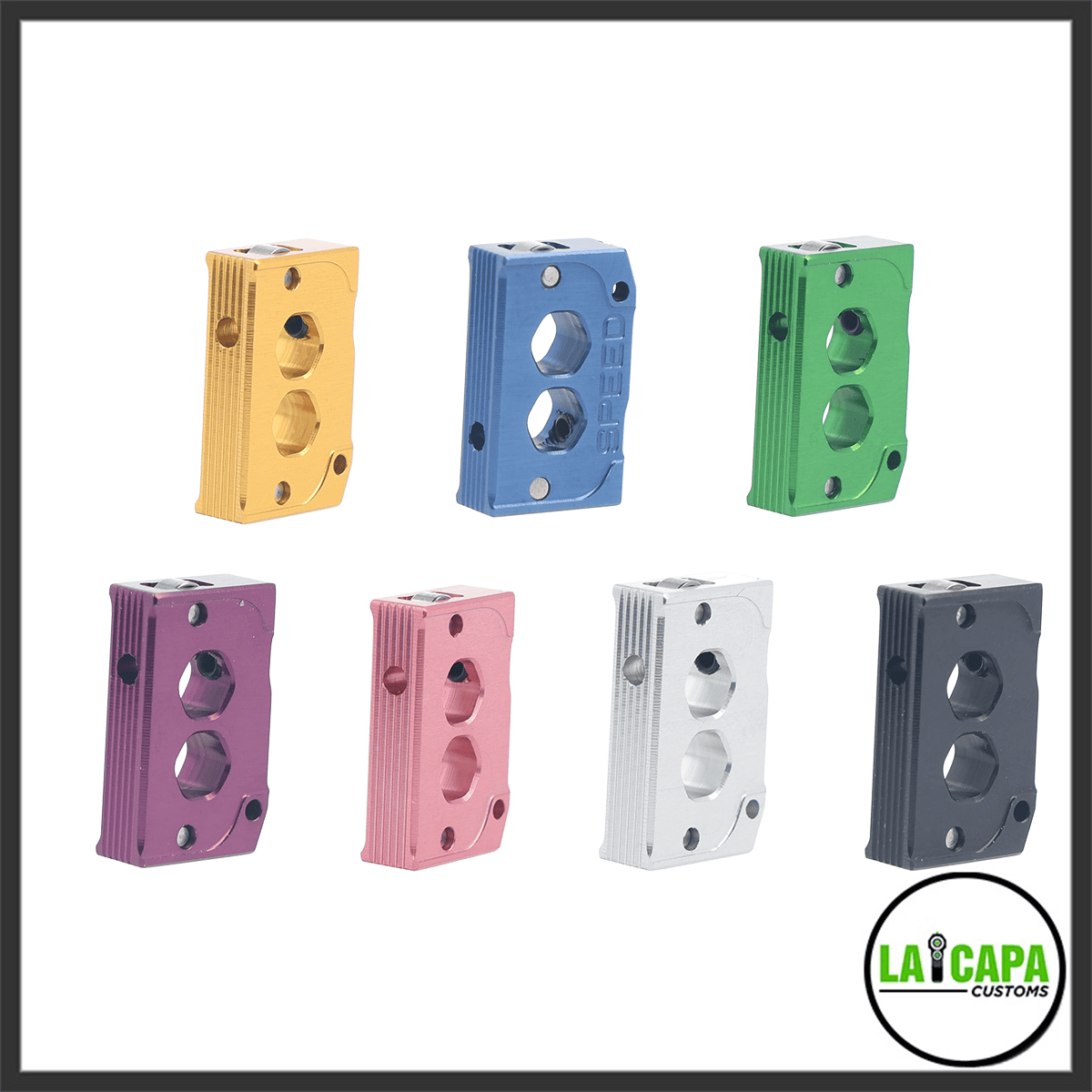 Nine Ball magazine catches displayed in all seven available colours: gold, blue, green, purple, pink, silver and dark grey.