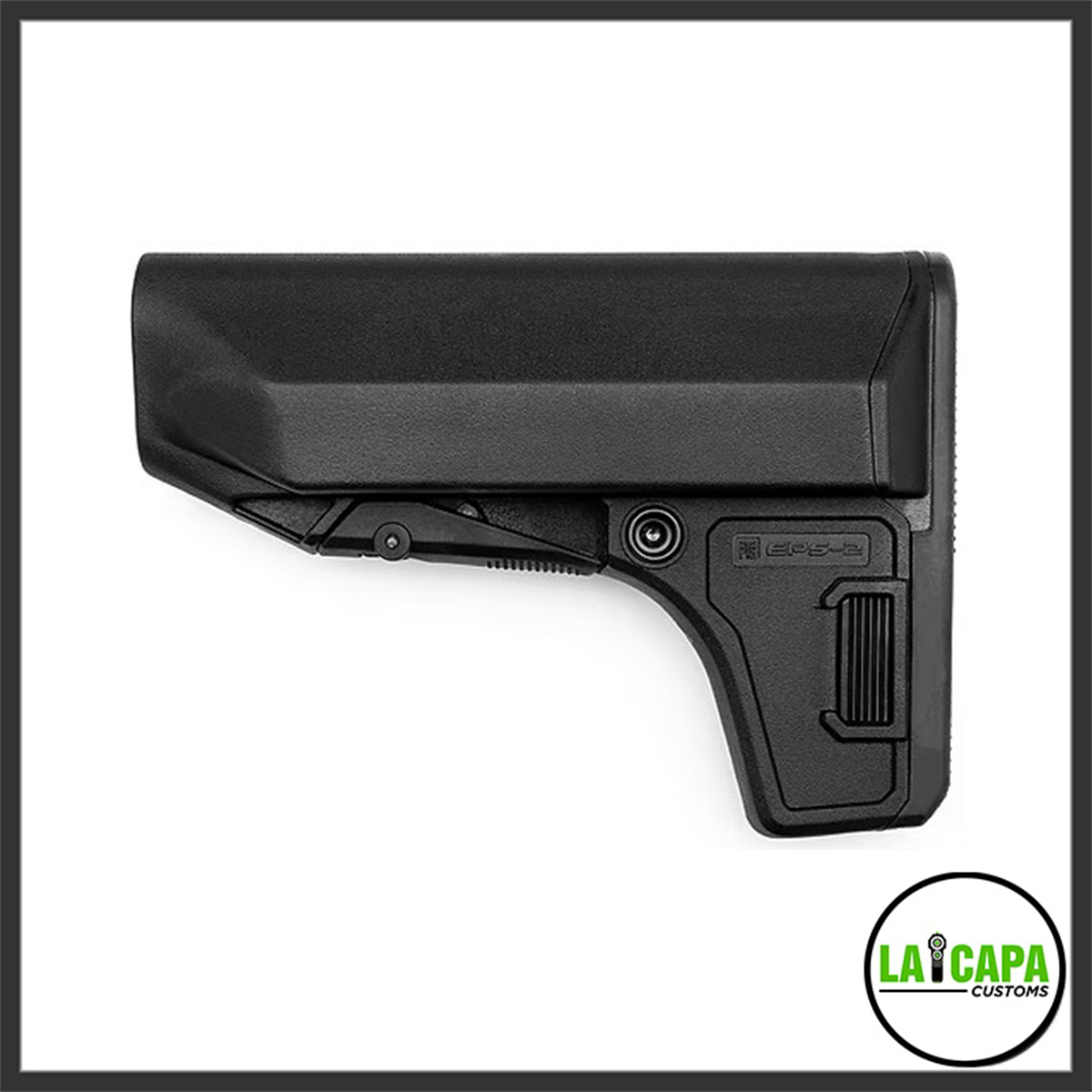 PTS EPS-2 Enhanced Polymer Stock in black, shown from the left side with the latch lever and side storage door visible.