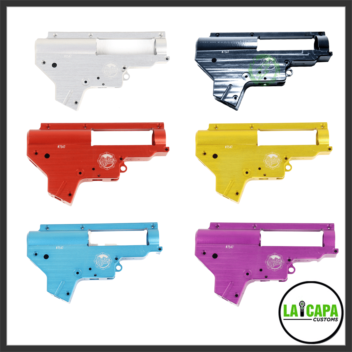 Retro Arms HPA gearbox shells in six anodised colours: silver, dark grey, red, yellow, blue, and purple.
