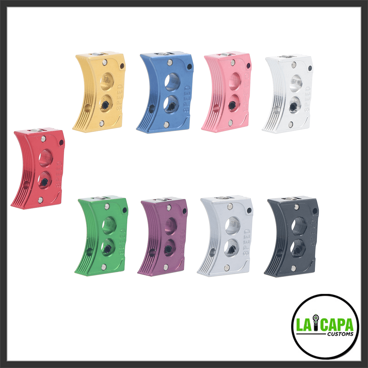 SPEED airsoft curved two-hole triggers for Hi Capa shown in nine colour variants including red, gold, blue, pink, green, purple, silver and black.
