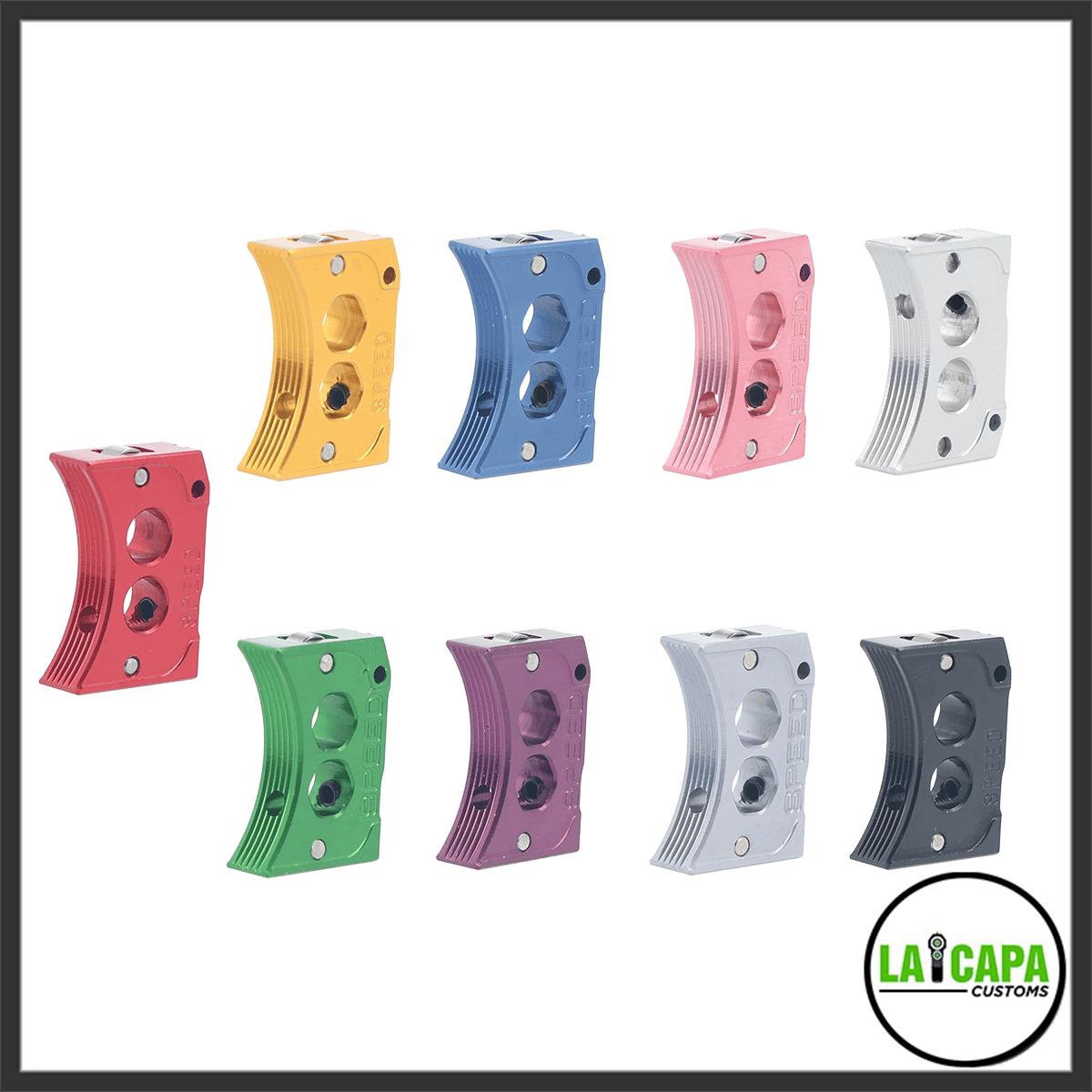 SPEED Airsoft hex-hole curved triggers for Hi-Capa laid out in nine anodized colours: red, gold, blue, pink, silver, green, purple, grey, and dark grey.