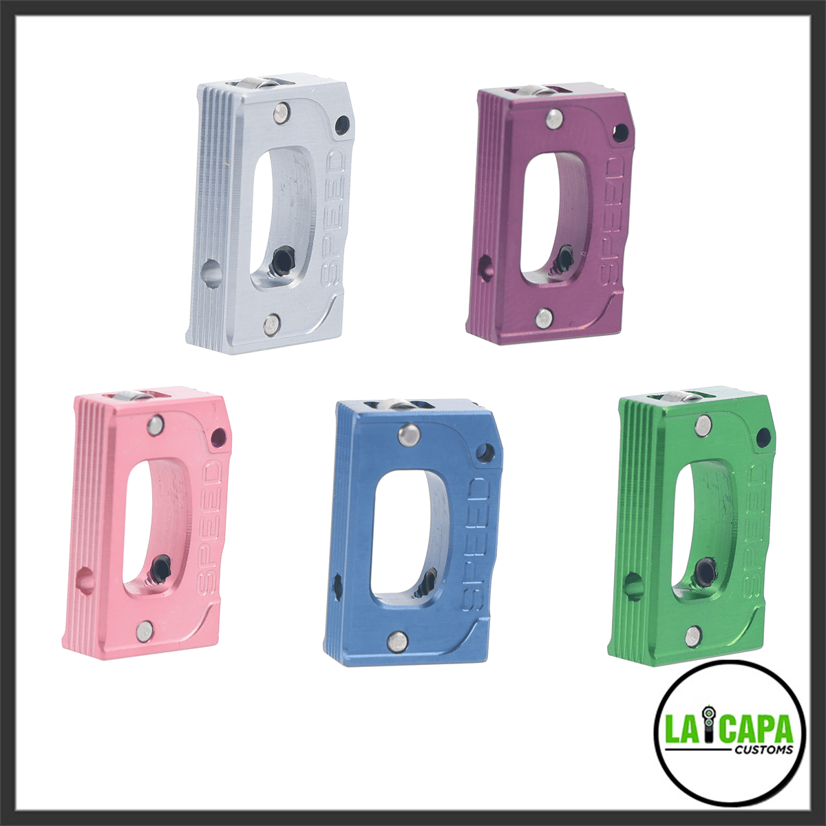 Speed flat-face airsoft triggers shown in five anodised colours: silver, purple, pink, blue and green.