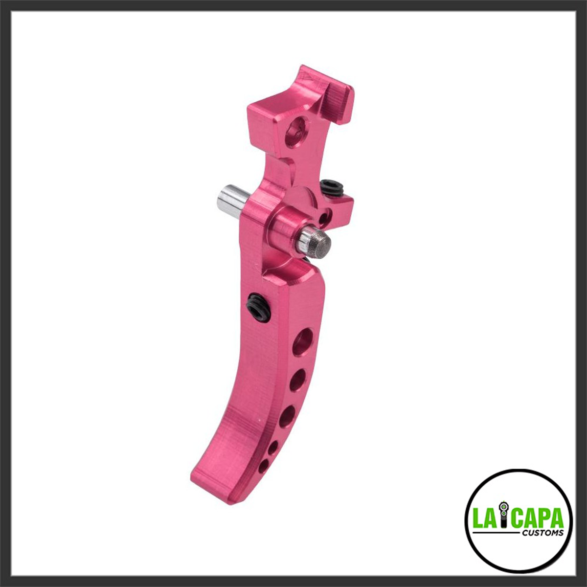 SPEED M4 tunable curved trigger in pink anodized aluminum, showing the curved blade, adjustment screws, and pivot pin from a side angle.