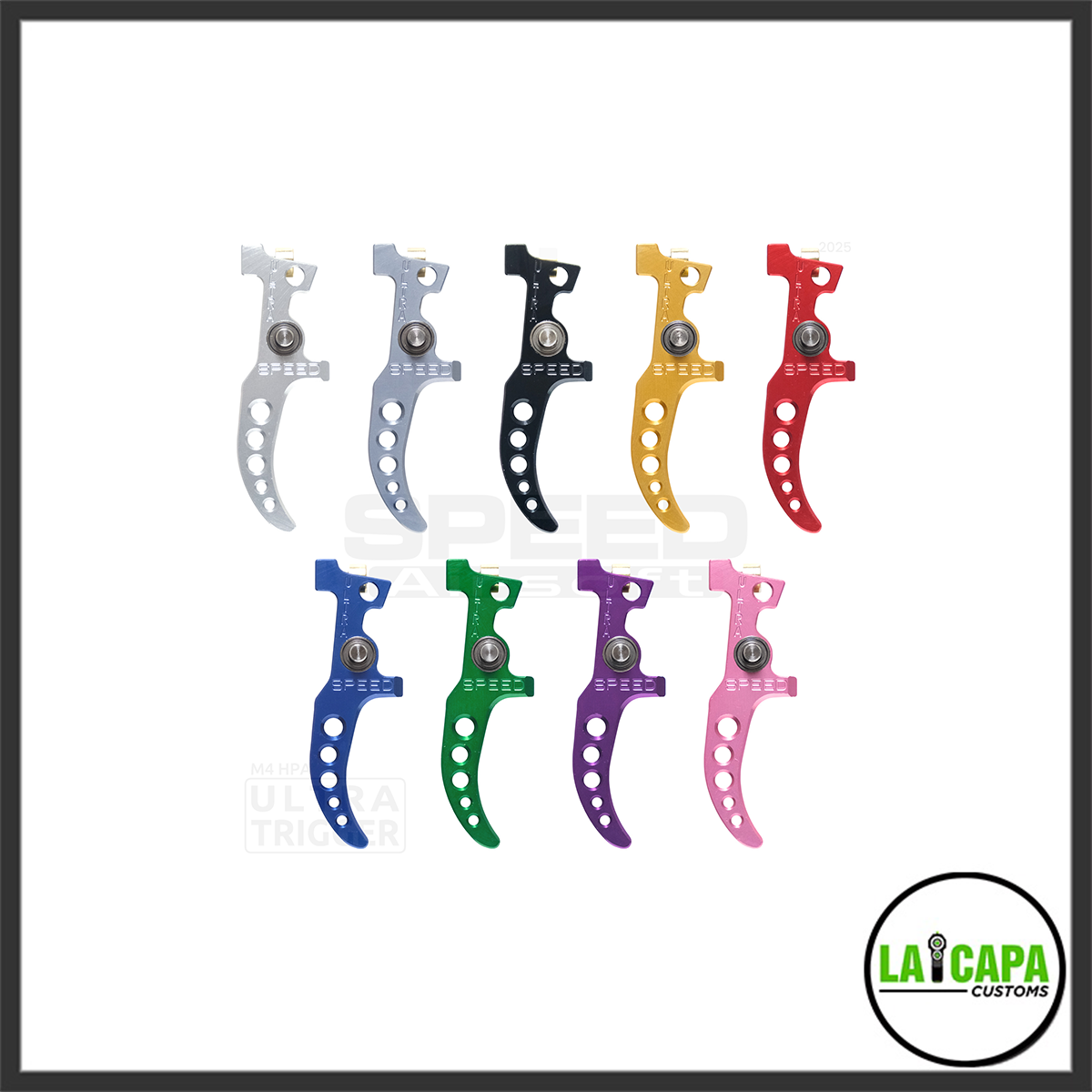 Speed Airsoft M4 Ultra curved triggers laid out in nine colour variants including silver, grey, black, gold, red, blue, green, purple and pink.