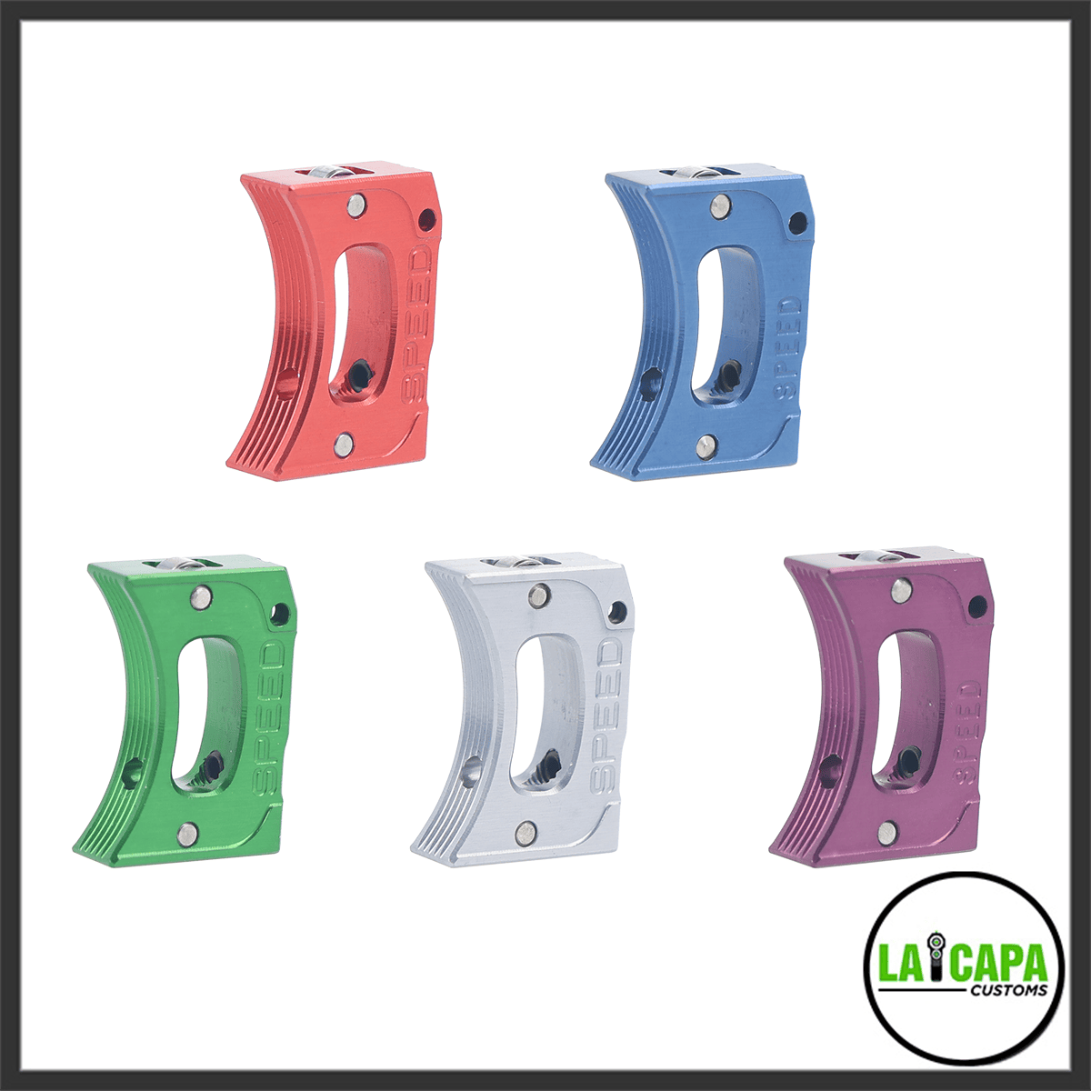 Five Speed mono curved airsoft triggers with a centre hole shown side by side in red, blue, green, silver, and purple anodised finishes.
